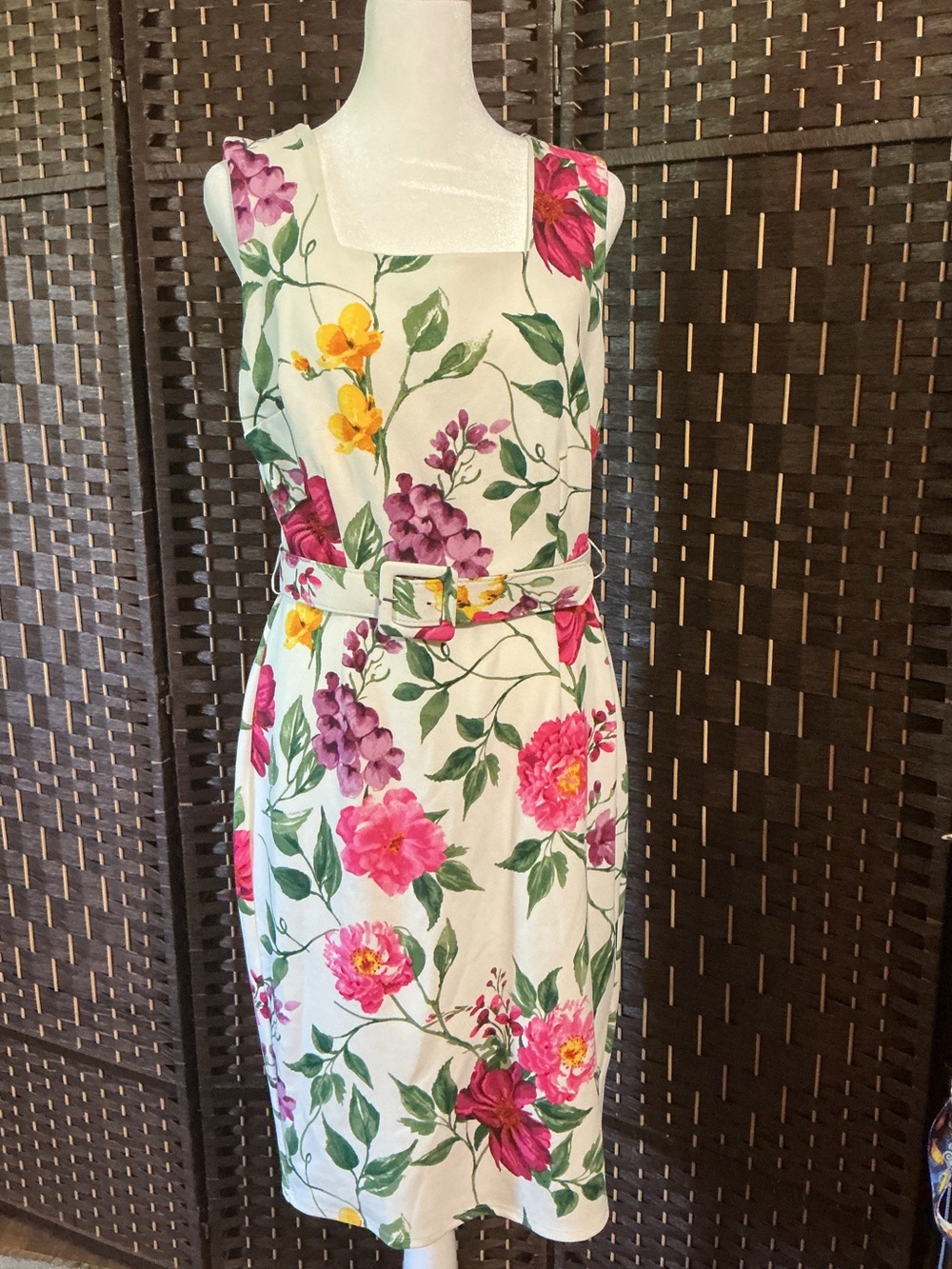 New York & Company Floral Belted Midi Dress - Cream, Pink, Purple, Yellow